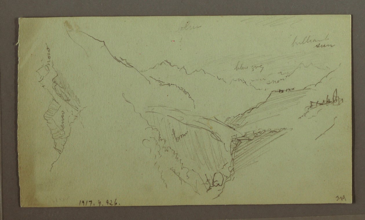 Desenho, Aldeia e vale de montanha íngreme (Alpes), 1868-69 de Frederic Edwin Church
