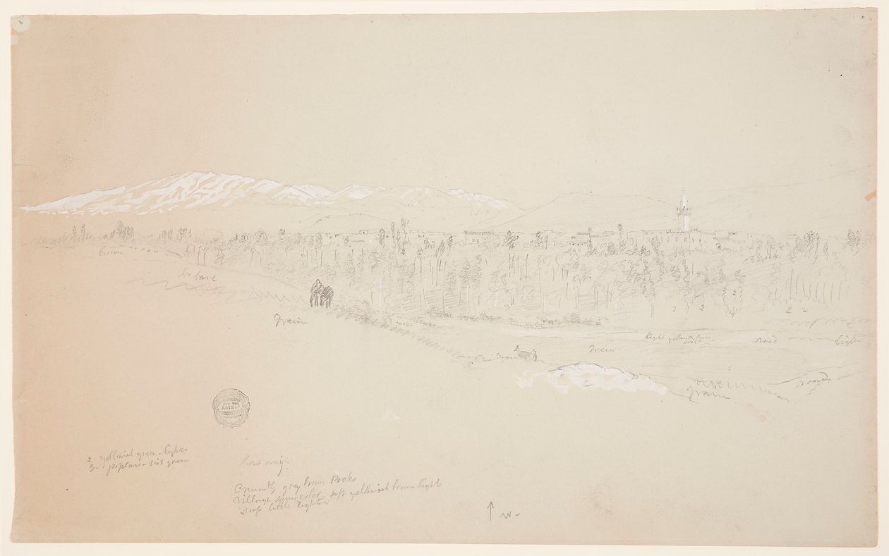 Desenho, Aldeia de Kuseiyeh, Monte Líbano ao longe, maio de 1868 de Frederic Edwin Church
