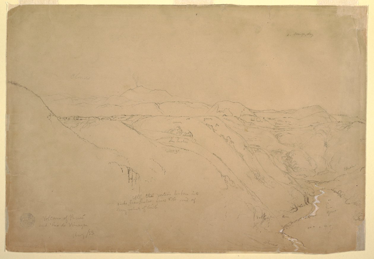 Desenho, Vulcão Puresé e o Rio de Vinagre, Purese, Colômbia, agosto de 1853