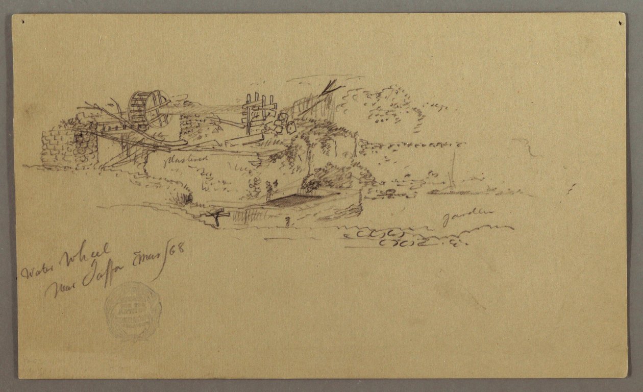 Desenho, Roda de água com uma bacia num jardim, Jaffa, Palestina [Tel Aviv, Israel], março de 1868 de Frederic Edwin Church