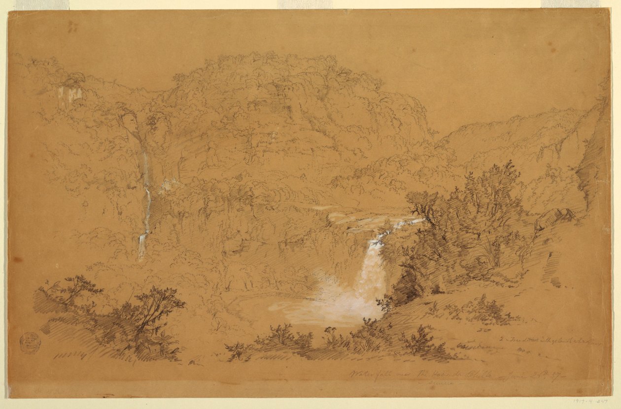 Desenho, Cascatas perto da fazenda, Chillo, Equador, 26 de junho de 1857 de Frederic Edwin Church