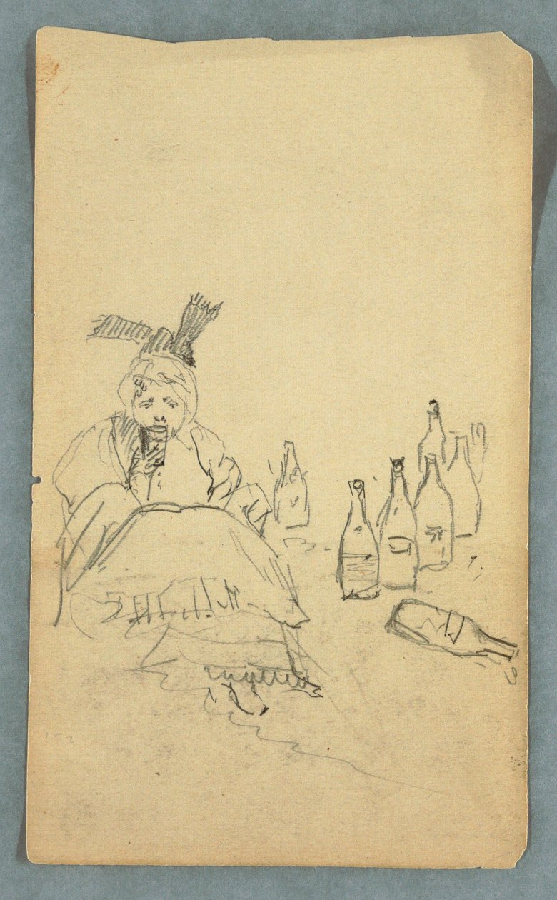 Desenho, Mulher a beber, garrafas de vinho, anverso; Lista de compras para a subida ao Monte Katahdin, verso, outono de 1878 de Frederic Edwin Church