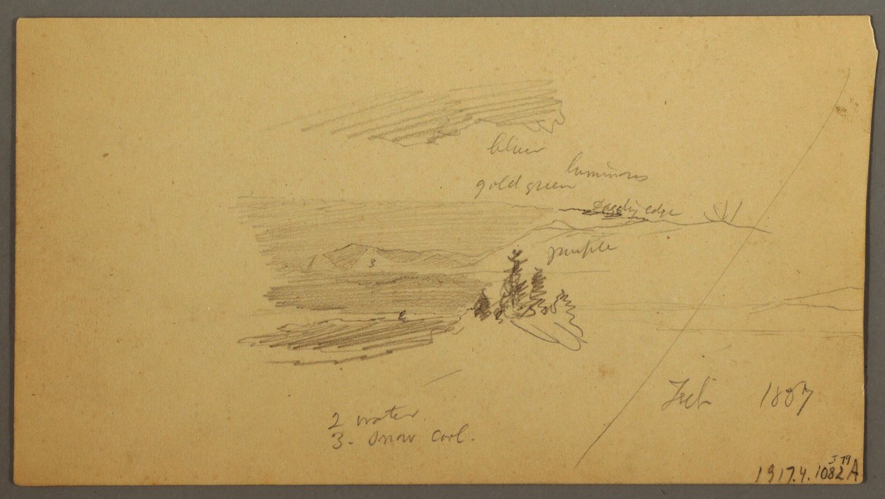 Desenho, topo de uma colina arborizada, vale montanhoso, sol, janeiro de 1866 de Frederic Edwin Church