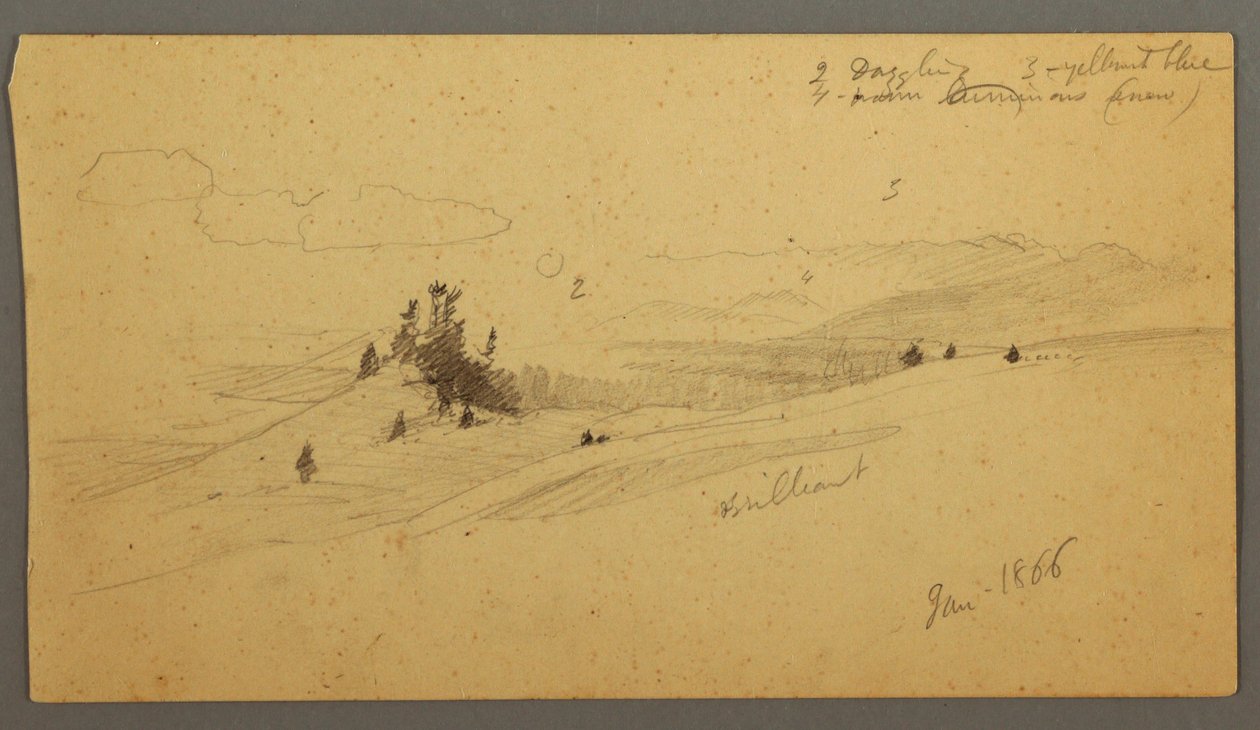 Desenho, topo de uma colina arborizada, vale montanhoso, sol, janeiro de 1866 de Frederic Edwin Church