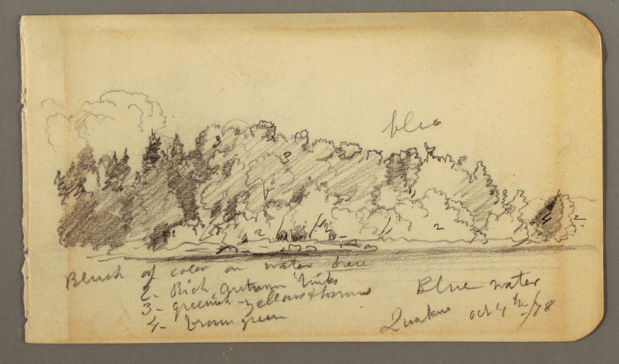 Desenho, Costa arborizada, água, 1878 de Frederic Edwin Church