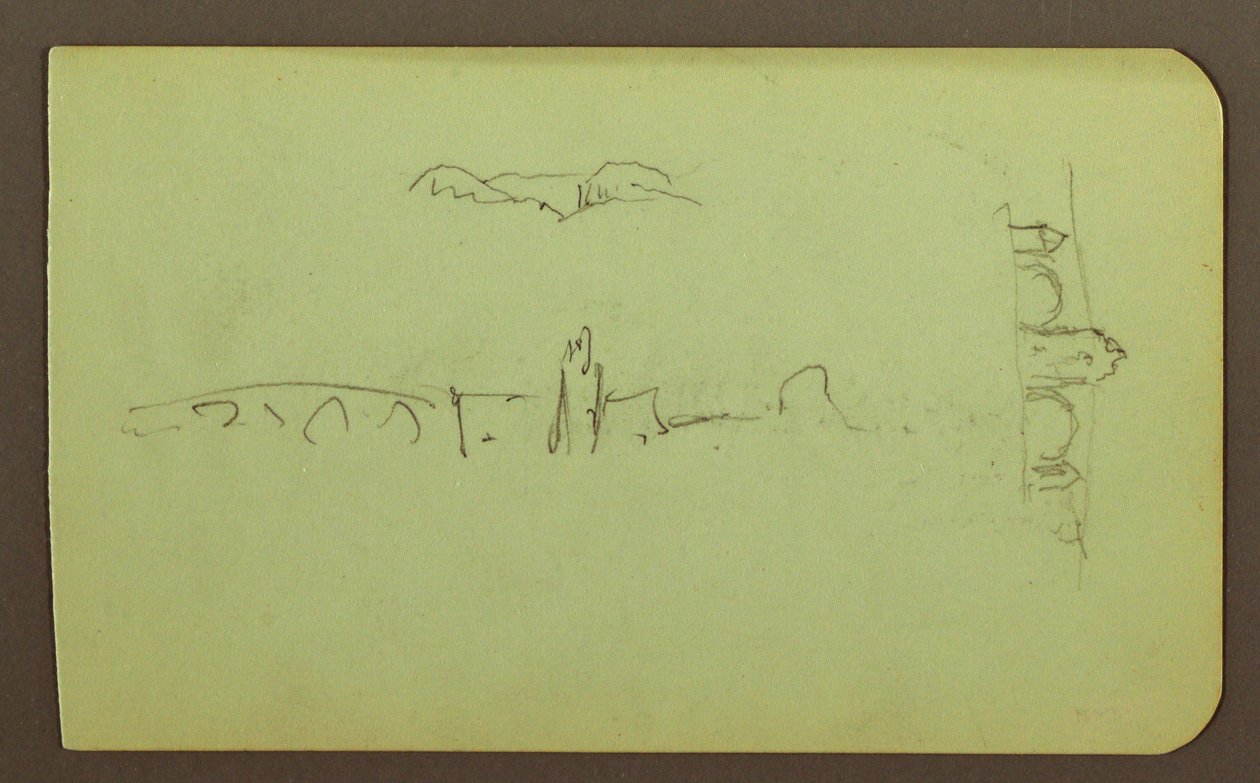 Desenho, colinas, igreja, ponte; Verso: figura, cruz, igreja, 1883 de Frederic Edwin Church