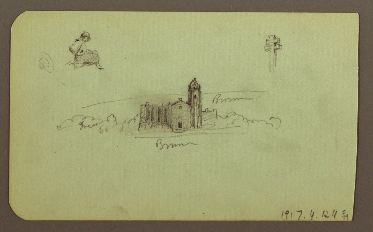 Desenho, colinas, igreja, ponte; Verso: figura, cruz, igreja, 1883 de Frederic Edwin Church