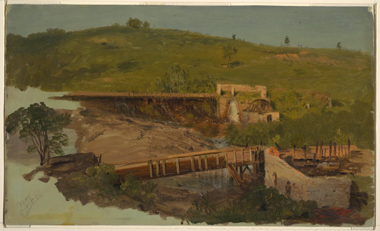 Colina com viadutos e moinhos em ruínas, perto de Catskill, Nova York de Frederic Edwin Church