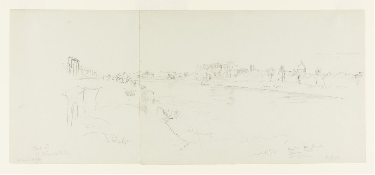 Vista da paisagem de Roma a partir das margens do rio Tibre, com vistas distantes do Castelo de Santo Ângelo, da Villa de Claude e da Basílica de São Pedro, Parte 1 de Frederic Edwin Church