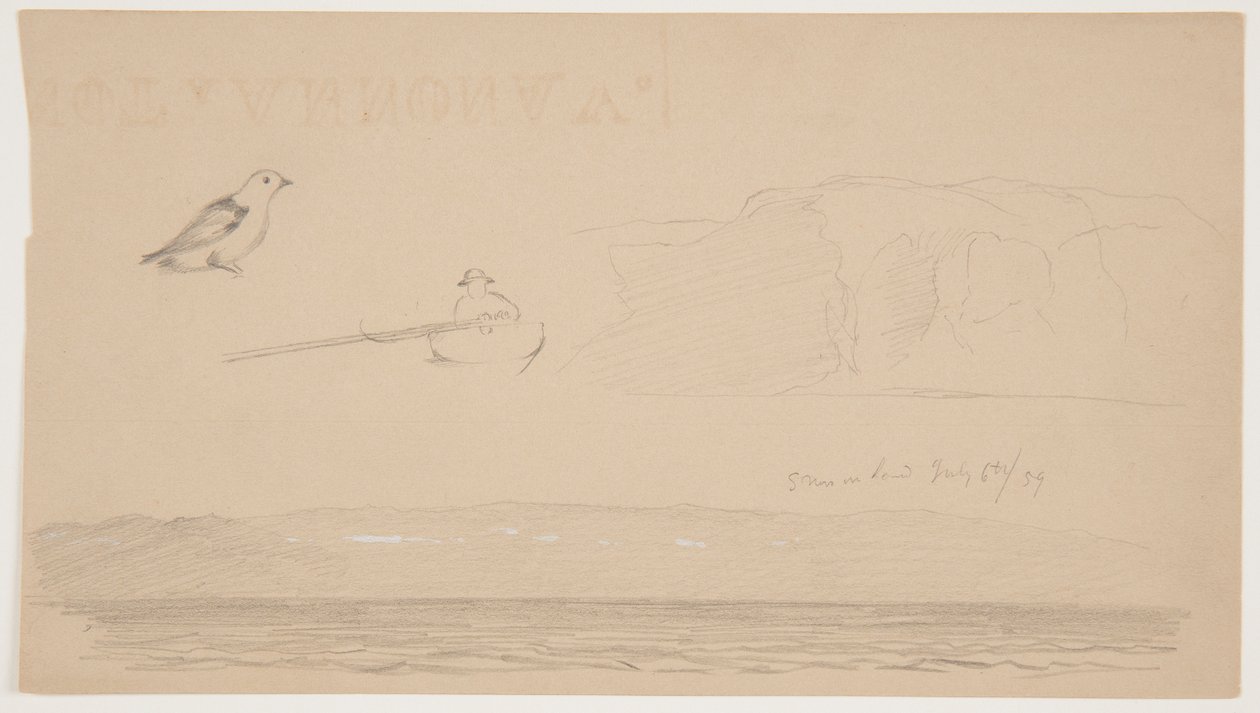 Esboços de Labrador de neve em terra, homem no barco e pássaro de Frederic Edwin Church