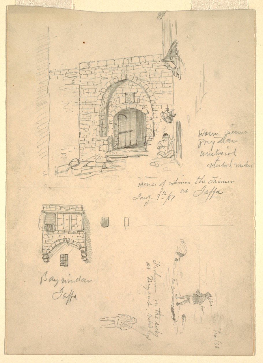 Esboços da Casa de Semon, o Curtidor, Jaffa, Palestina [Tel-Aviv, Israel] e Pescadores nas Rochas em Beirute, Síria [Beirute, Líbano] de Frederic Edwin Church
