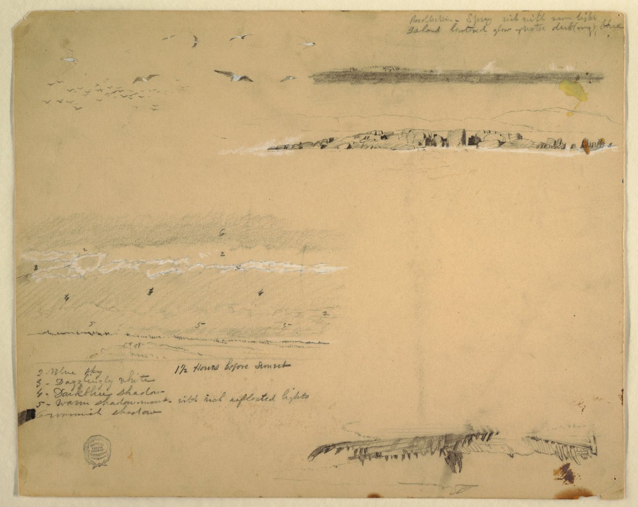 Estudos de gaivotas, costa rochosa e céu nublado, Great Manan, Canadá de Frederic Edwin Church