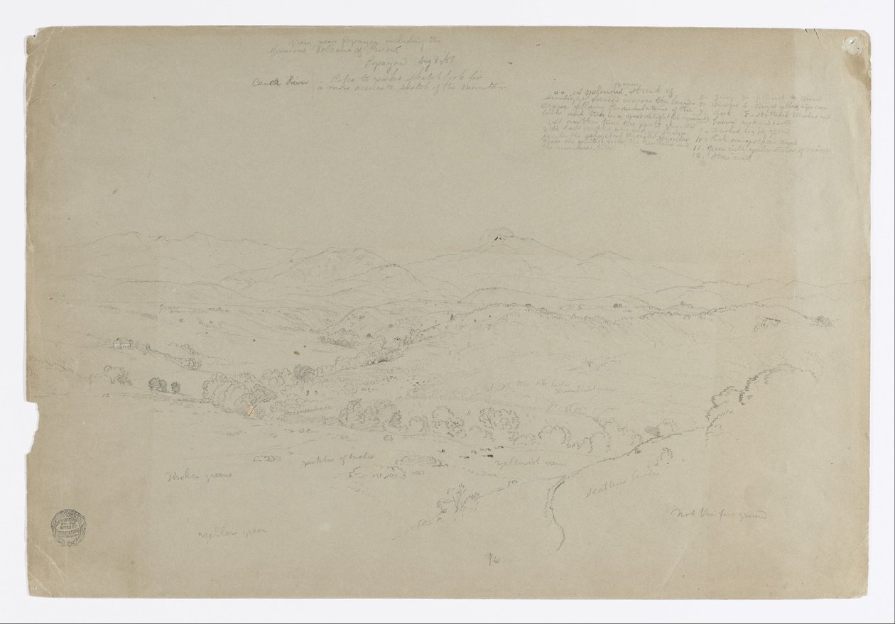 Estude. Paisagem com Monte Puresé. Esboço. Panorama de Frederic Edwin Church