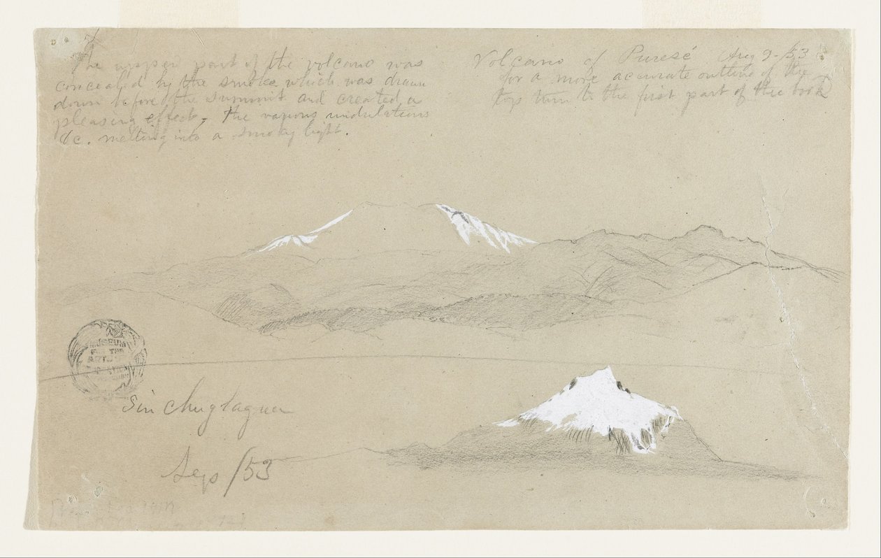 Vistas do Vulcão Puresé, Colômbia e do Monte Sincholagua, Equador de Frederic Edwin Church