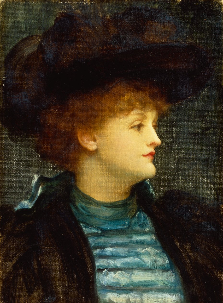 Retrato de Mulher em Vestido Turquesa com Casaco Preto e Chapéu (óleo sobre tela) de Frederic Leighton