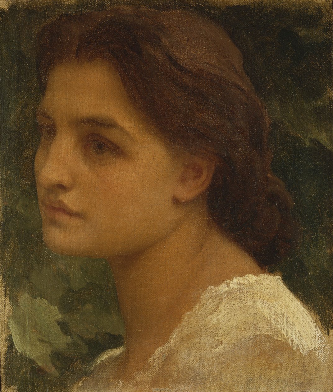 Retrato de uma jovem senhora, comprimento do busto pequeno, usando um vestido branco de Frederic Leighton