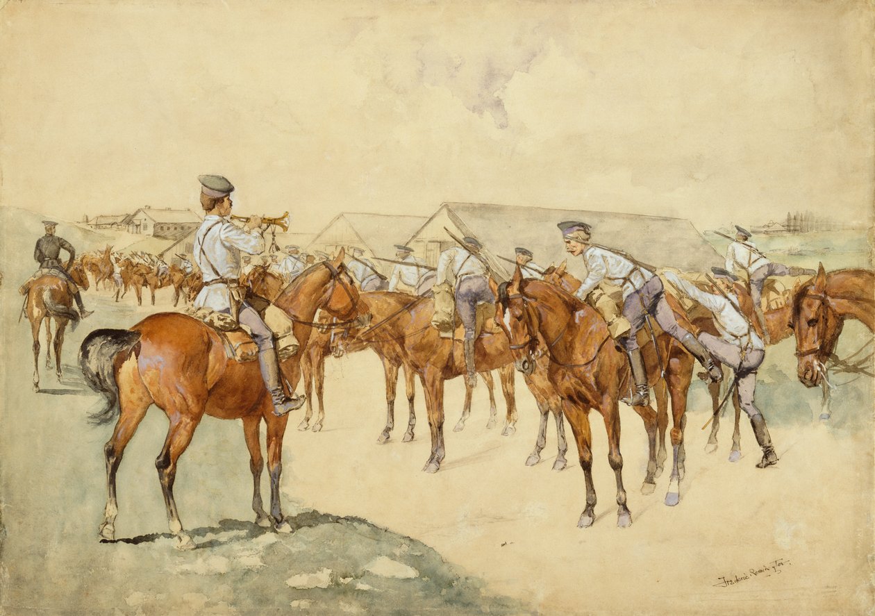 Um Chamado às Armas (Dragões, Monte!) 1892-93 (wc, guache, caneta e tinta, lápis e bodycolour no papel) de Frederic Remington