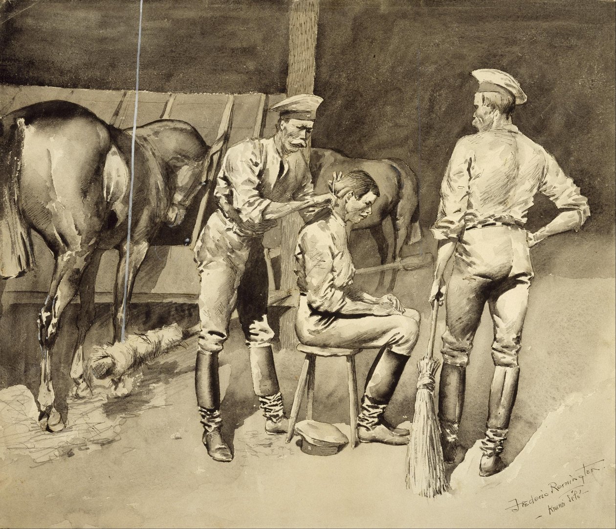 Um corte de cabelo num estábulo de cavalaria de Frederic Remington