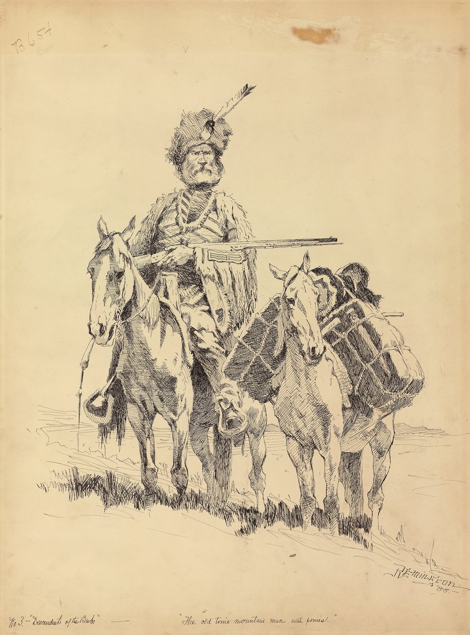 Um homem da montanha dos velhos tempos com seus pôneis, 1888 de Frederic Remington