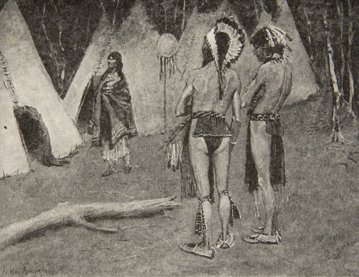 E seus amantes, os rejeitados ... Homens bonitos com tinta e penas, de The Song of Hiawatha, de Henry Wadsworth Longfellow (1807-82), pub. por George G. Harrap e companhia Ltd., 1911 de Frederic Remington
