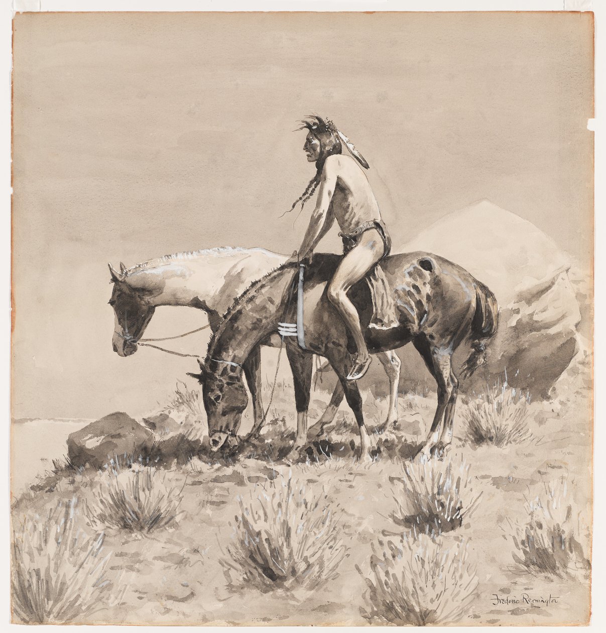 Por muito tempo ele parou, um projeto para The Caminho de um índio, provavelmente 1900 (lavagem de tinta e branco opaco sobre papel) de Frederic Remington