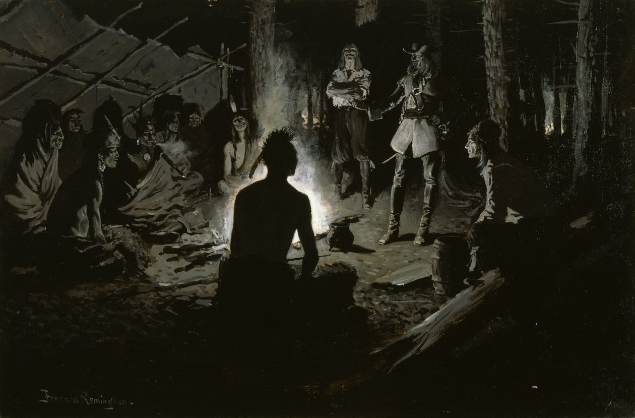 Conselho de exploradores franceses com os índios (no incêndio do Conselho Iroquois) c.1901 de Frederic Remington