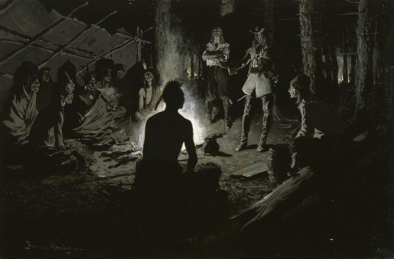 Conselho dos exploradores franceses com os índios de Frederic Remington