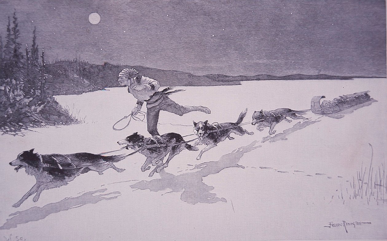 Caçador de peles francesas no Canadá com cães Huskie em lago congelado de Frederic Remington