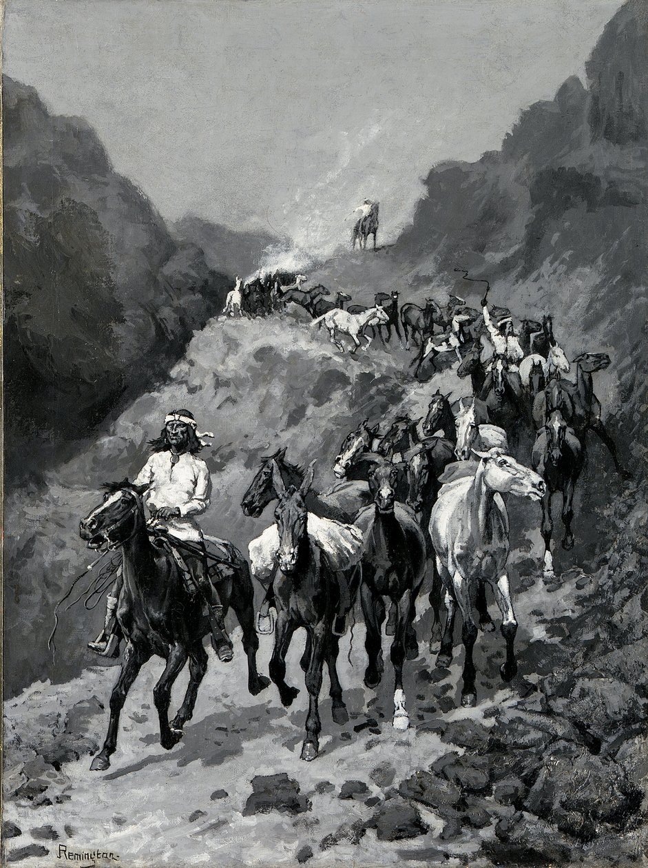 Geronimo e sua banda voltando de uma incursão ao México (óleo sobre tela) de Frederic Remington