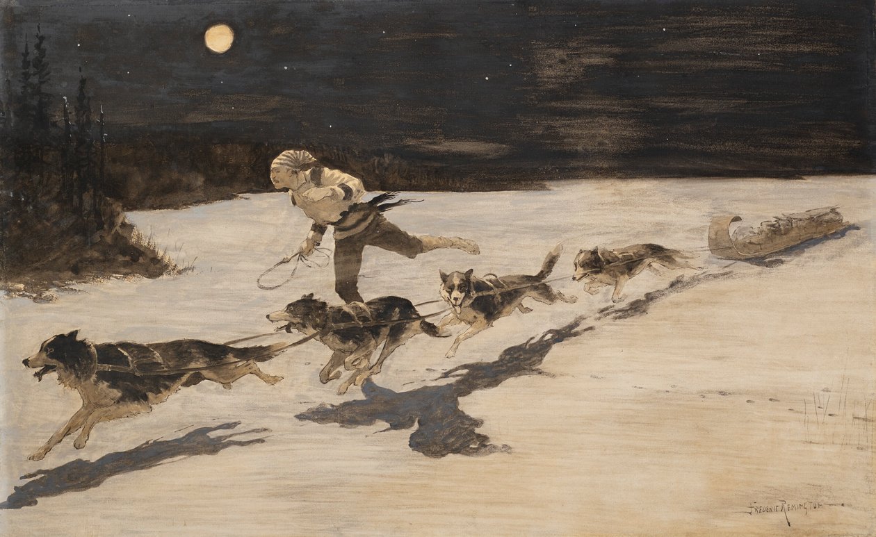 Cães "Huskie" na autoestrada gelada (Talking Musquash) de Frederic Remington