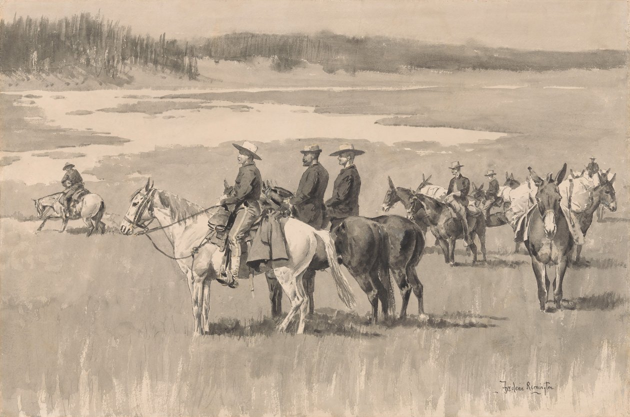 On the Head-Wats - Burgess encontrando um Ford, ca. 1893. de Frederic Remington