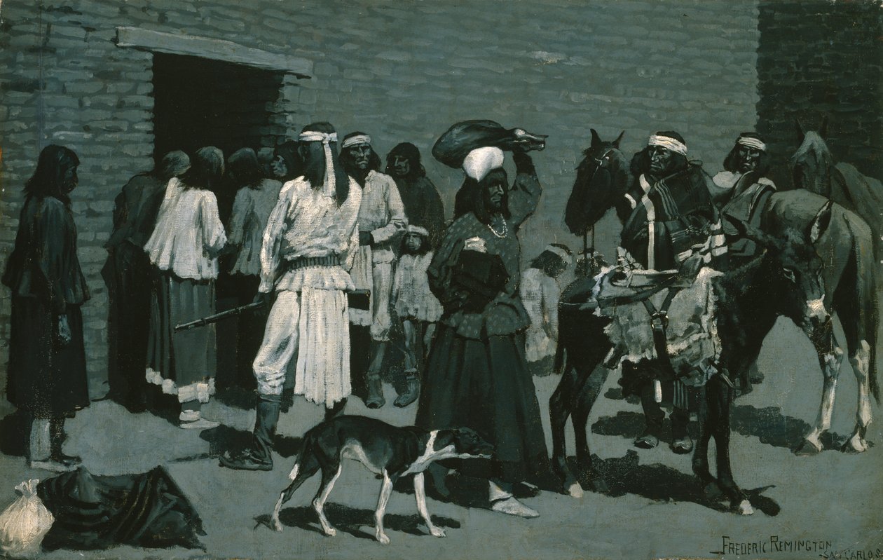 Aldeia indígena Pueblo (Distribuição de carne bovina na agência San Carlos) c.1889 de Frederic Remington