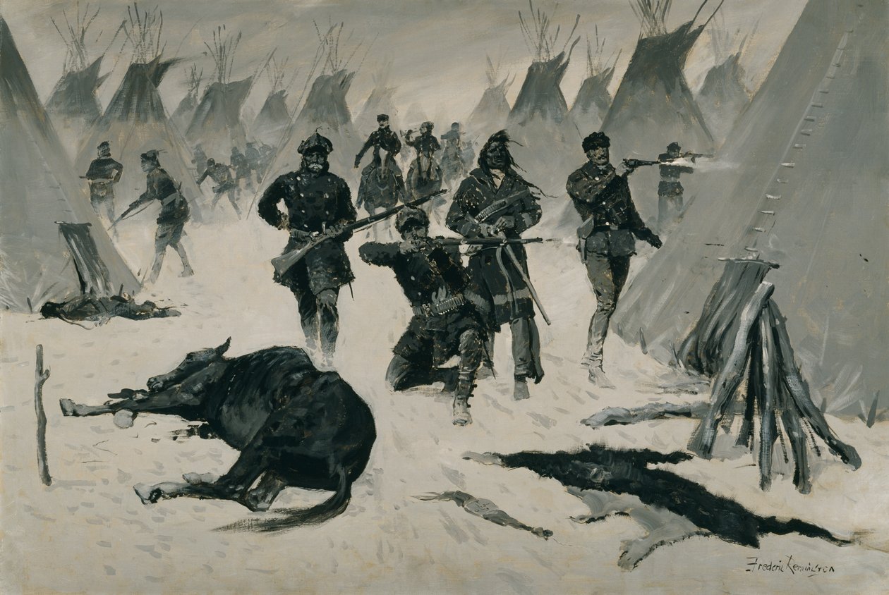 A derrota do cavalo louco (A derrota do cavalo louco pelo coronel Miles, janeiro de 1877, ataque de inverno em uma aldeia indígena) c.1901, possivelmente c.1896 de Frederic Remington
