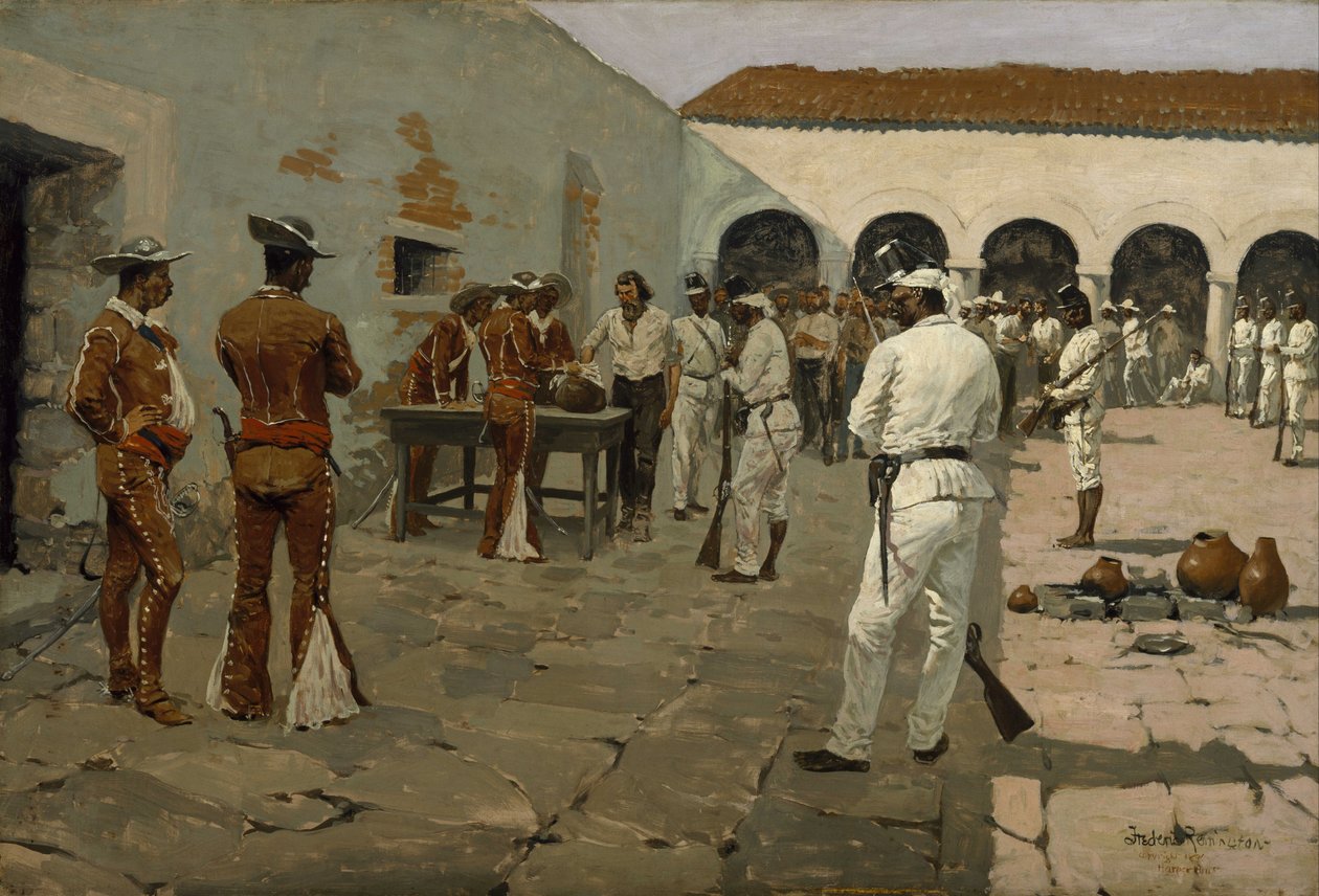 A Expedição Mier:  O desenho do feijão preto (Prisioneiros que desenham os seus feijões) de Frederic Remington