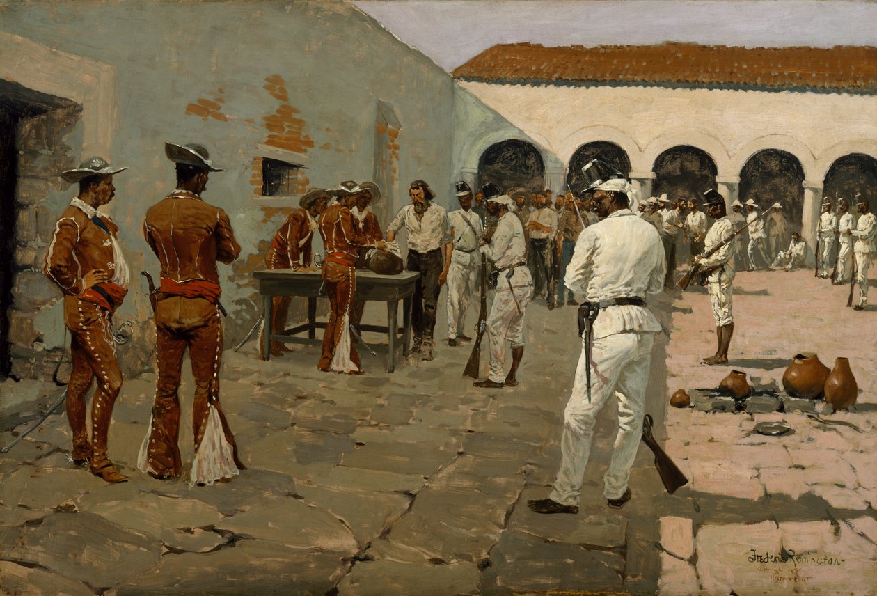 A Expedição Mier: O Desenho do Feijão Preto (prisioneiros desenhando seus feijões) 1869 (óleo sobre tela) de Frederic Remington
