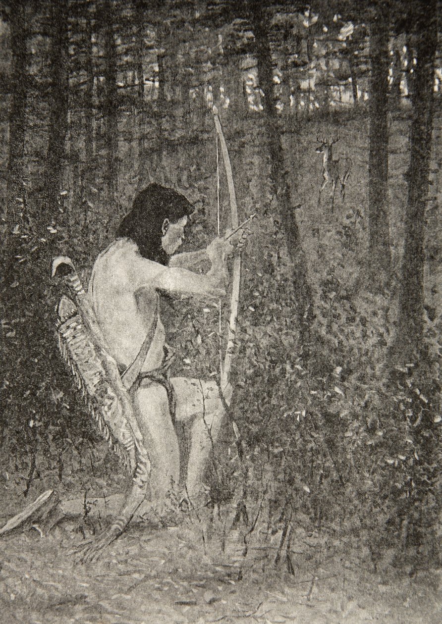 Então, em um dos joelhos, Hiawatha apontou uma flecha, de The Song of Hiawatha, de Henry Wadsworth Longfellow (1807-82), pub. por George G. Harrap e companhia Ltd., 1911 de Frederic Remington