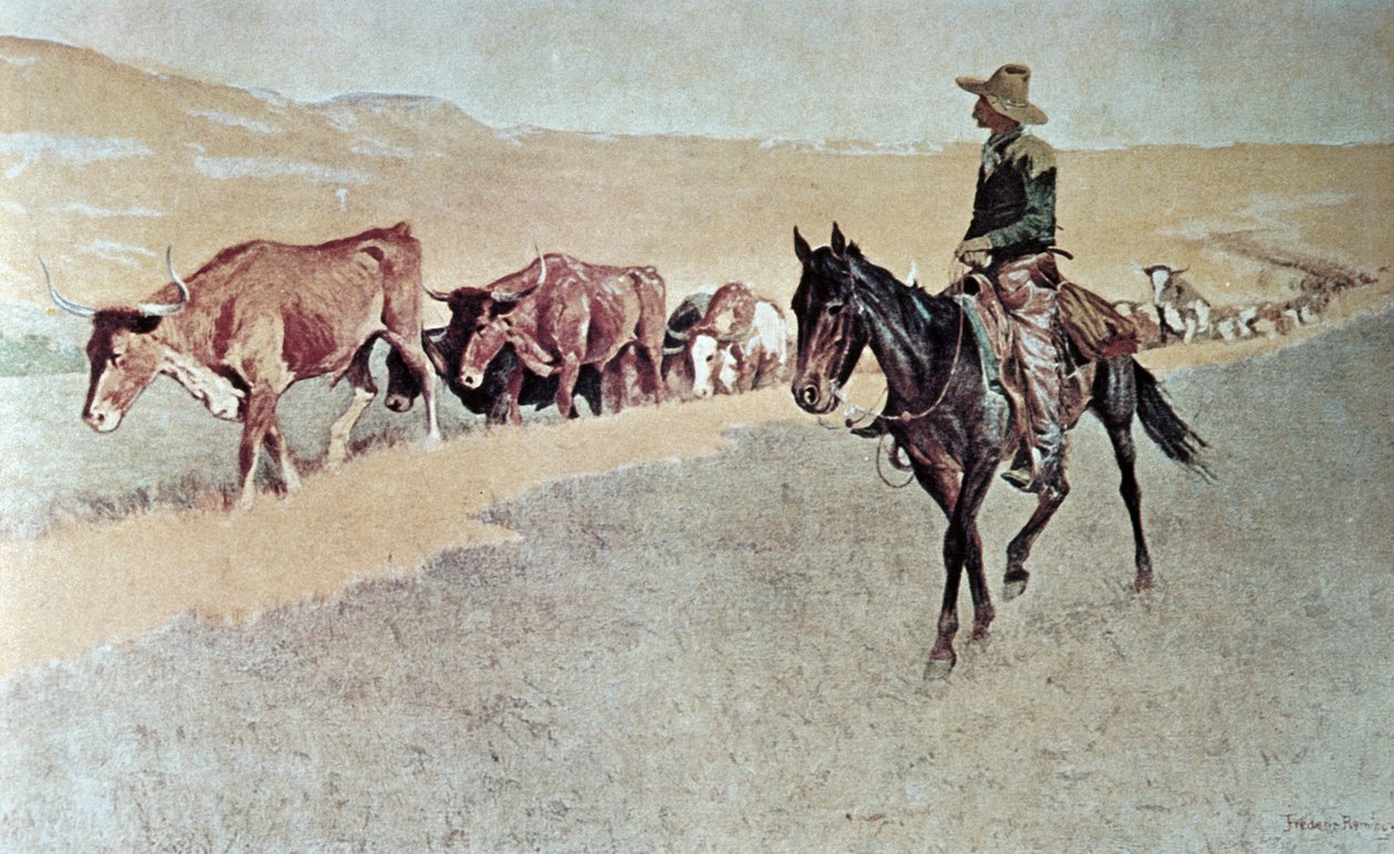 Trailing Texas Longhorns (óleo sobre tela) de Frederic Remington