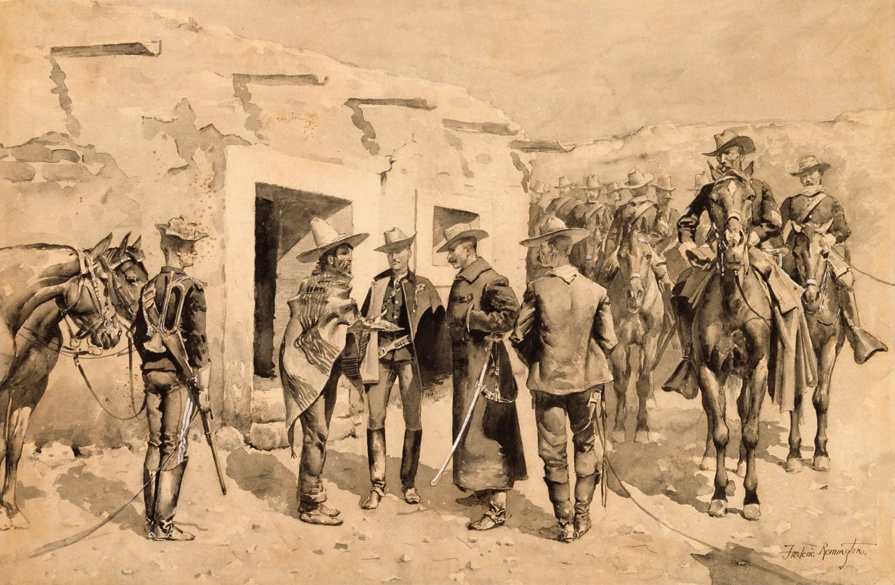 Cavalaria dos EUA Caça Garza Homens no Rio Grande, c.1892 (wc no papel) de Frederic Remington