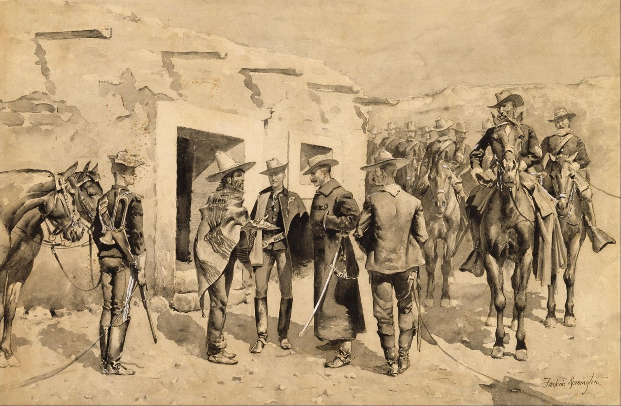 A Cavalaria dos EUA persegue os homens de Garza no Rio Grande de Frederic Remington