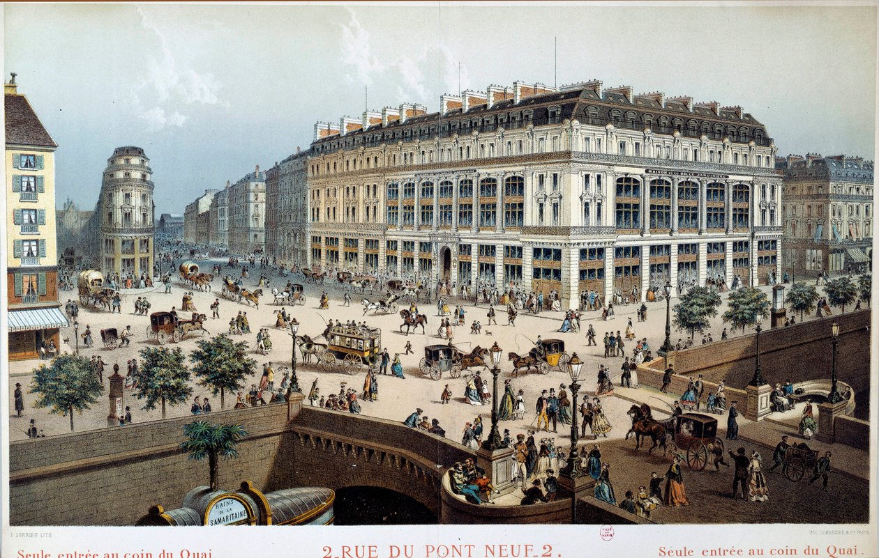 Vista exterior de La Belle Jardiniere, rue du pont neuf em Paris, no século XIX. Gravura de Frederic Sorrieu (1807 -? ) de Frederic Sorrieu