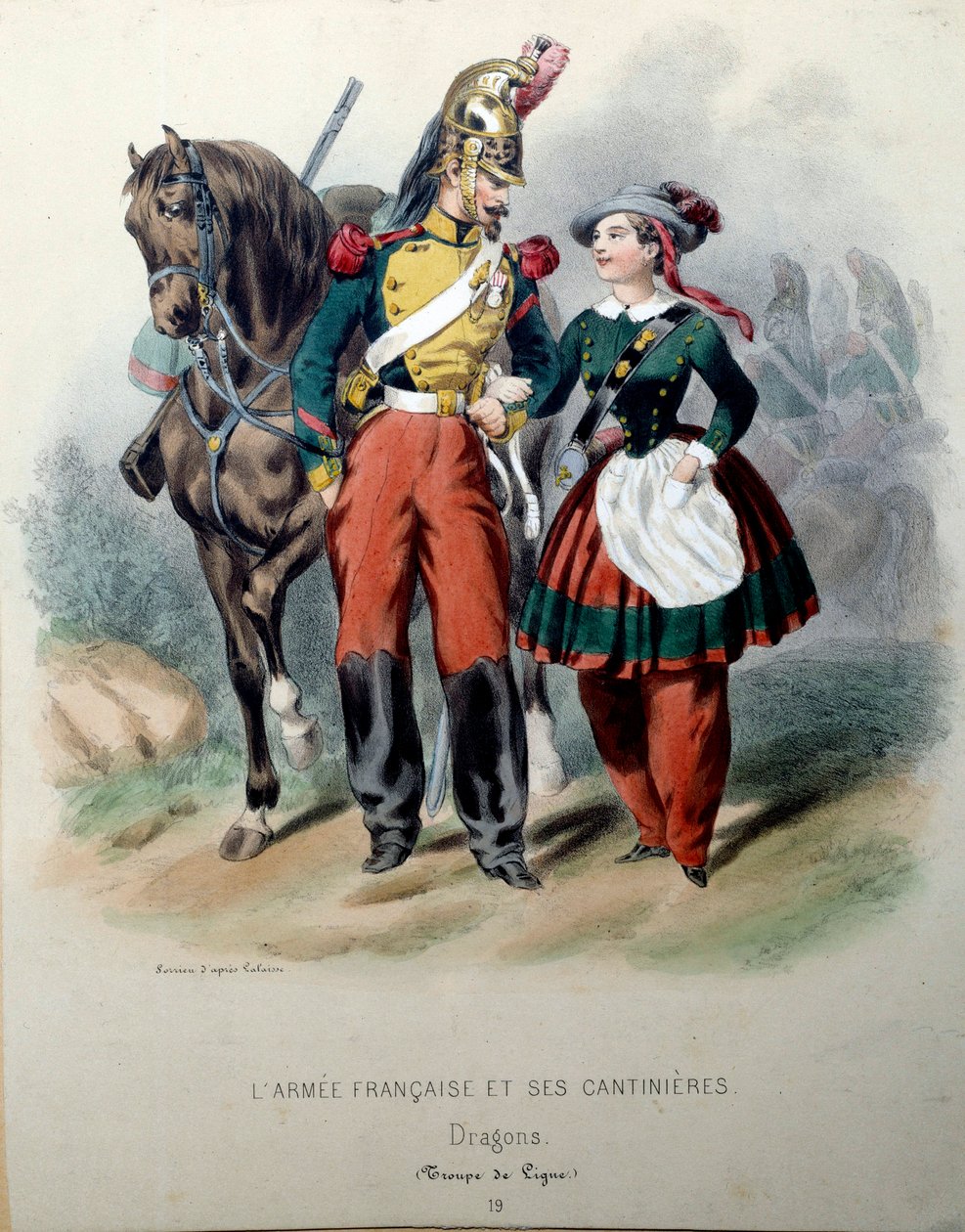 A Armee francesa e os seus Cantinieres: Um Dragão e uma Litografia Cantiniere de Frederic Sorrieu (1807-?) Paris do século XIX, Artes Decorativas de Frederic Sorrieu