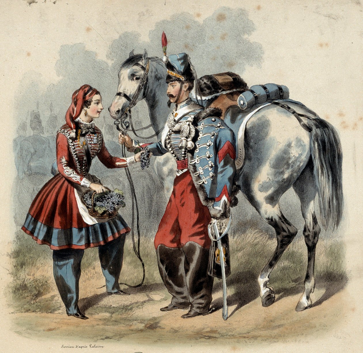 O exército francês e seus cantineiros: Hussard e cantiniere de troupe de line. Gravura de Frederic Sorrieu (1807 -? ) de Frederic Sorrieu