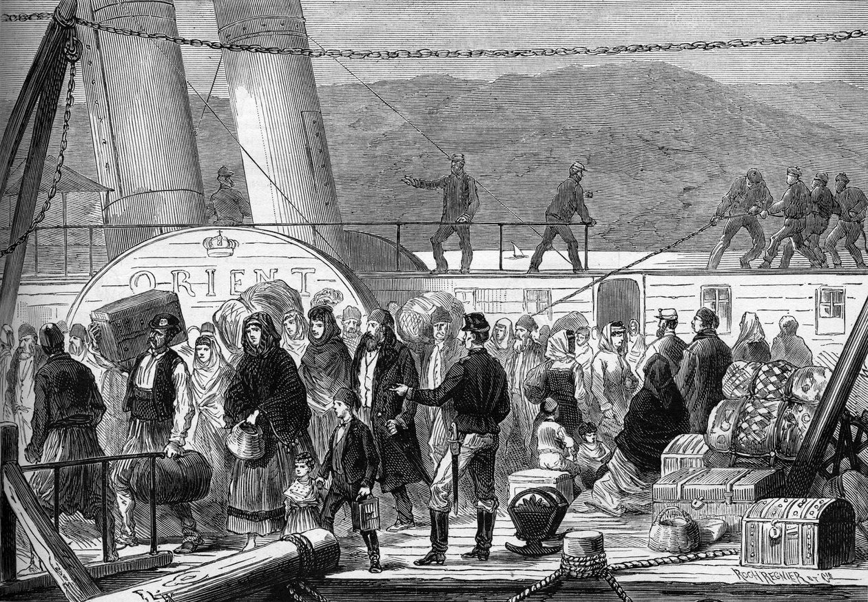 A Guerra Oriental (1875-1878), também conhecida como Guerra Russo-Turca: No Danúbio, desembarque no Baziarch das famílias judaicas fugitivas de Rustchuck e Widdin, em maio de 1877 (gravura) de Frederic Theodore (after) Lix