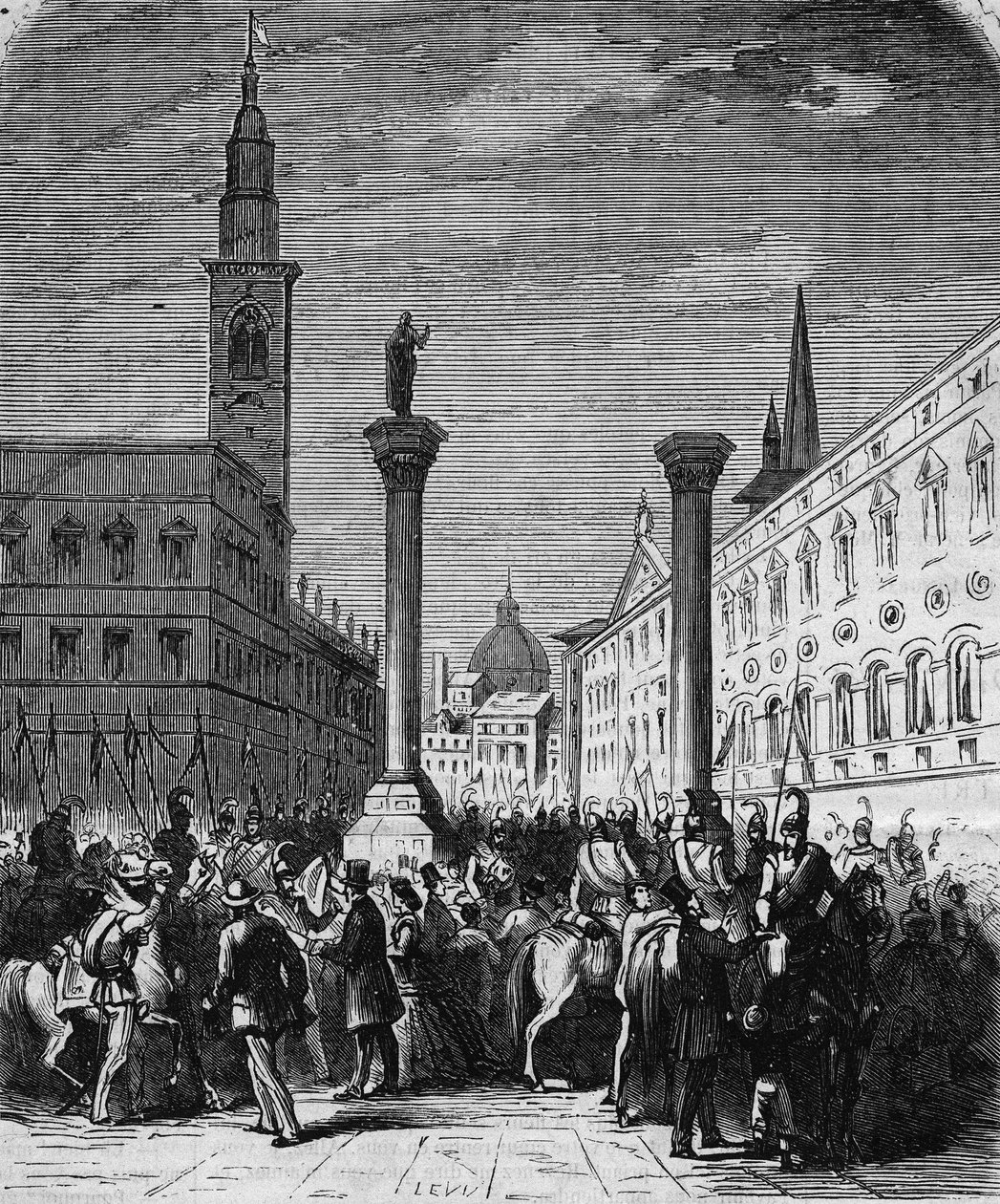 A cavalaria do Reino de Itália que ocupa a Piazza dei Signori em Vicenza, libertada dos austríacos em 1866. Gravura a partir de um desenho de Lix. Em "L