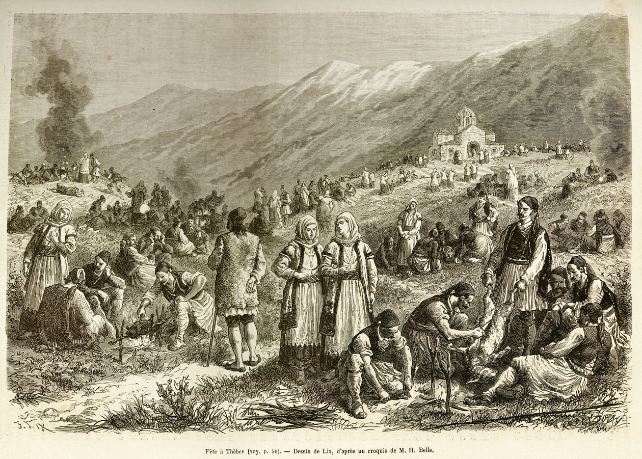 Um banquete em Tebas, o do careme da Virgem, reunindo todos os habitantes da cidade e arredores, cada família rouba uma ovelha para a ocasião, em primeiro plano, os homens preparam o bete antes de cozinhá-lo. Gravura depois do drawi de Frederic Theodore Lix