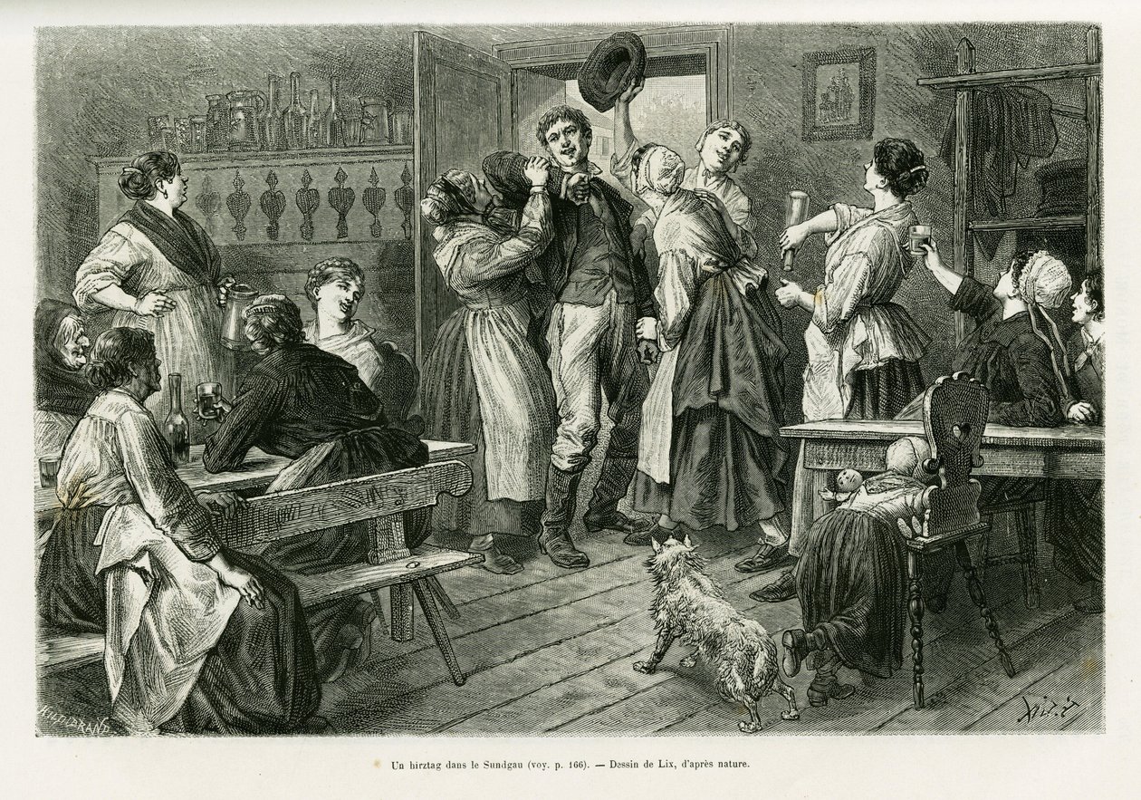Uma hirtztag, uma espécie de carnaval onde tudo é permitido para as mulheres, no Sundgau. Gravado por Lix para ilustrar a história A trevers l