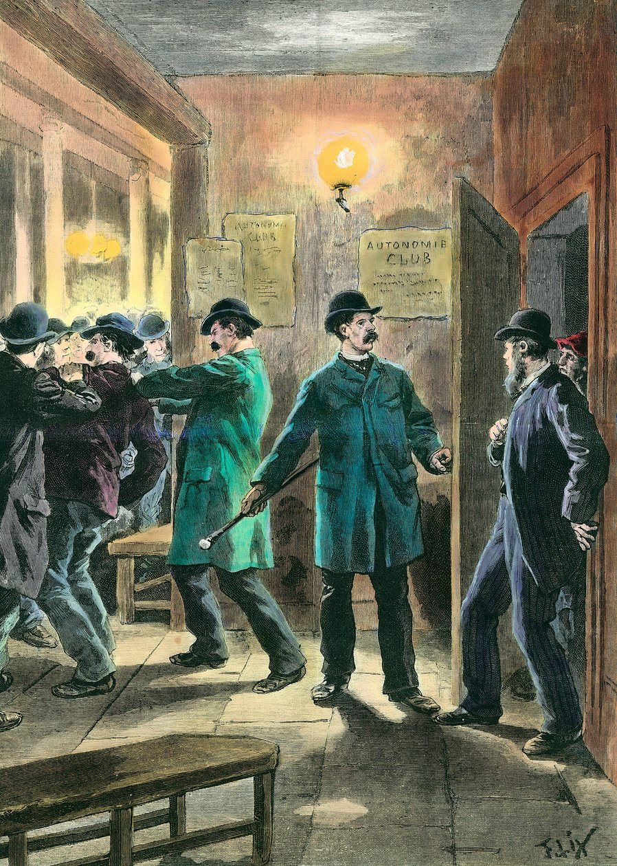 Anarquistas na Inglaterra: Polícia faz prisões no clube autonomista londrino Engraving by Frederic Lix (1830-1897) Coleção Privada do século XIX de Frederic Theodore Lix