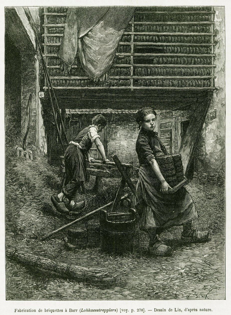 Trabalho infantil em briquetagem, Barr. Gravura de Lix, para ilustrar a história A Through Alsace and Lorraine, em 1887, de Charles Grad, deputado alemão, no tour du monde 1888, dirigido por Edouard Charton (1807-1890), Hachette, Paris. de Frederic Theodore Lix