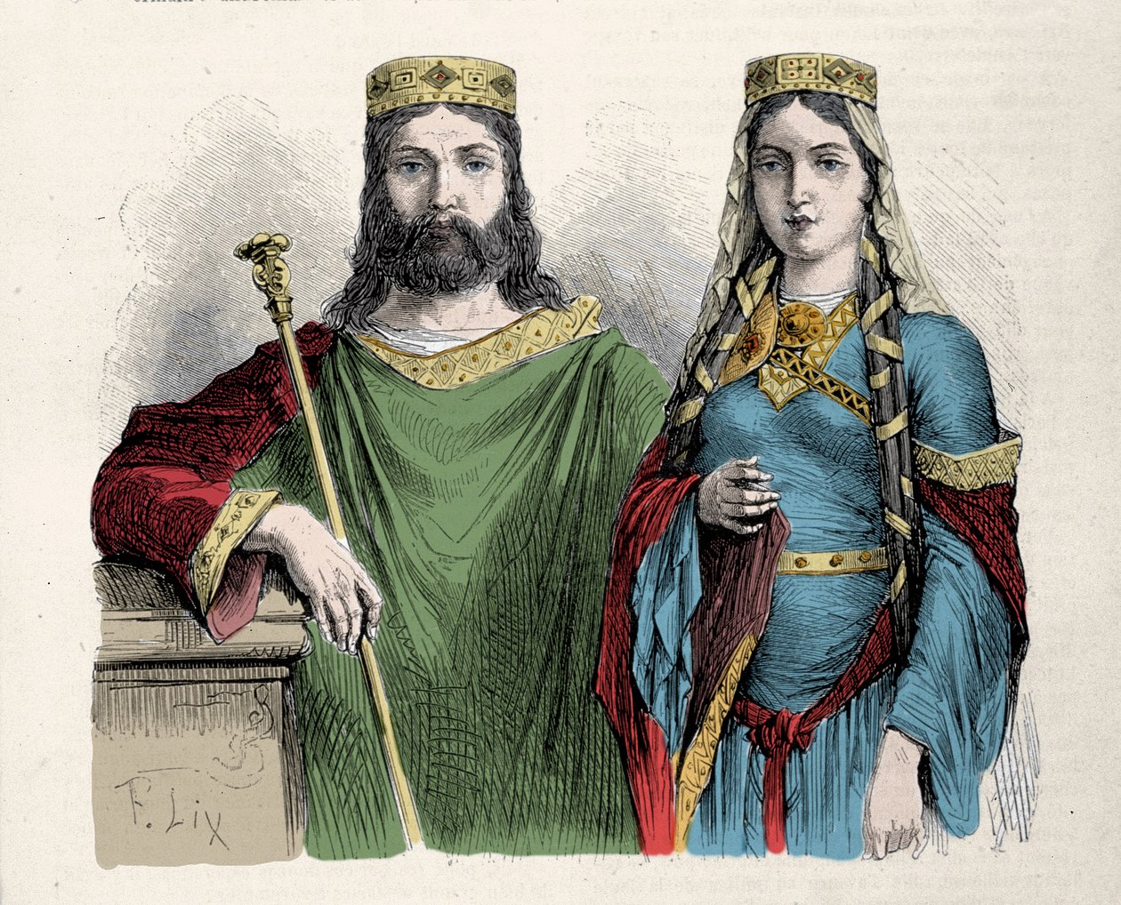Clovis (481-511) rei dos Francos com sua segunda esposa, Santa Clotilde (Clothilde) rainha. Gravura de Lix. de Frederic Theodore Lix
