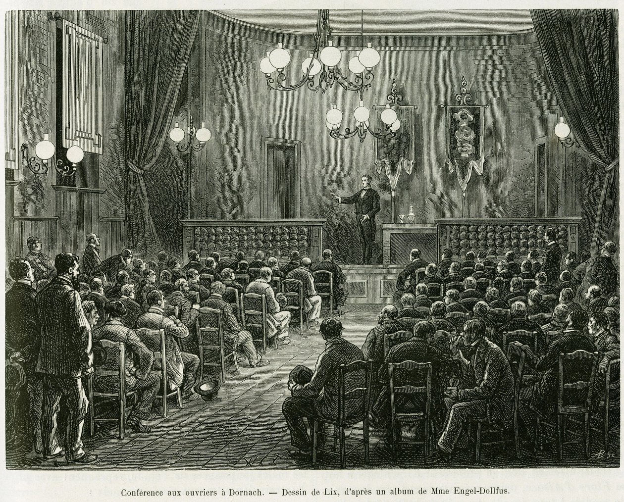 Conferência para os trabalhadores das oficinas Dollfus Mieg, em Dornach. Gravura de Lix para ilustrar a história A Through Alsace and Lorraine, de Charles Grad, deputado alemão, em 1885, no tour du monde 1886, dirigido por Edouard Charton (1807-1890), Hach de Frederic Theodore Lix